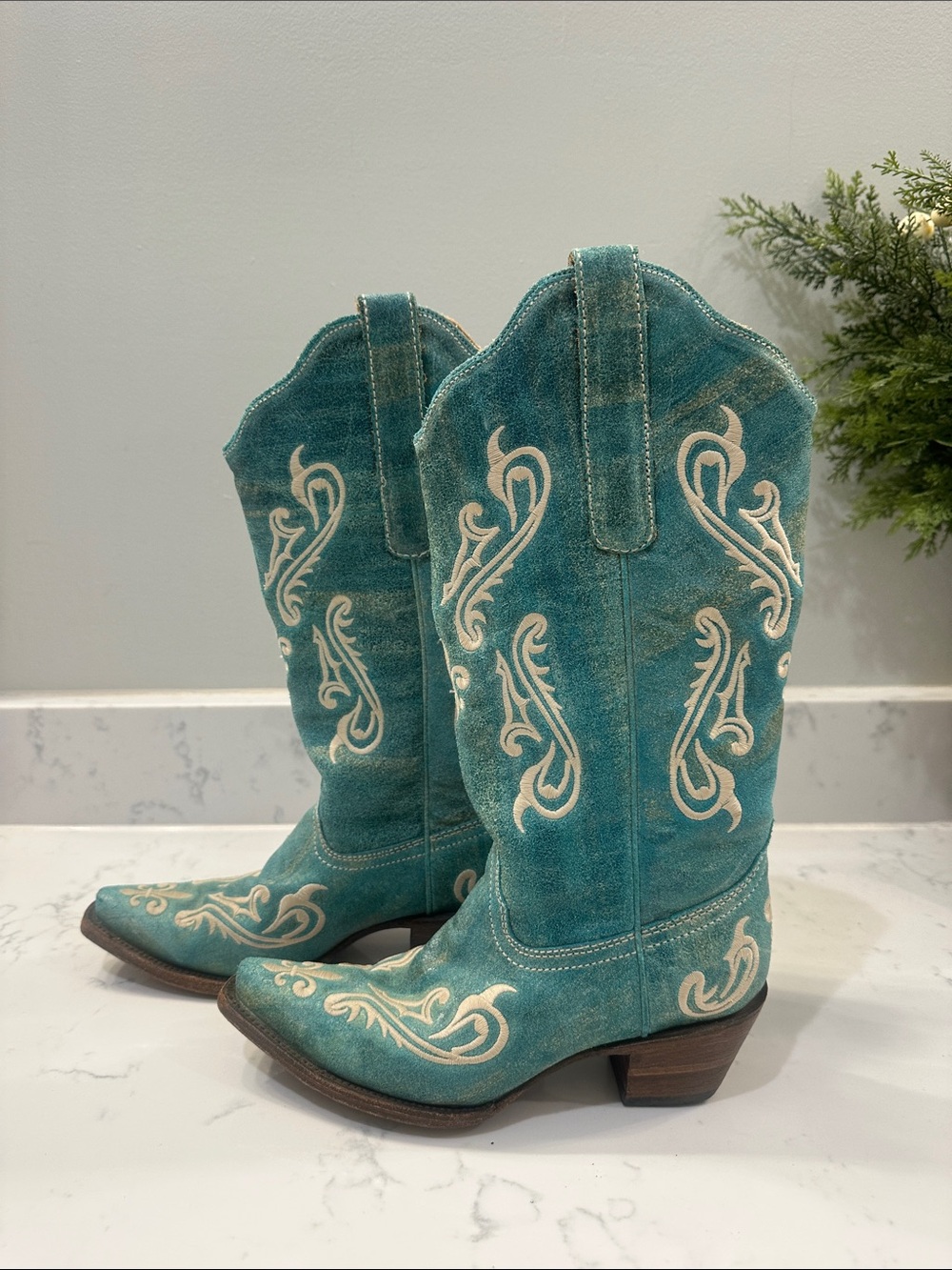 Turquoise Embroidered Western Heeled Boots - Picture 2 of 8